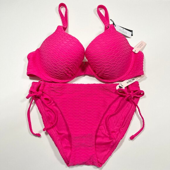 Victoria Secret 38D L ICON Push Up Bikini Top Underwire Bottom Set Textured Pink